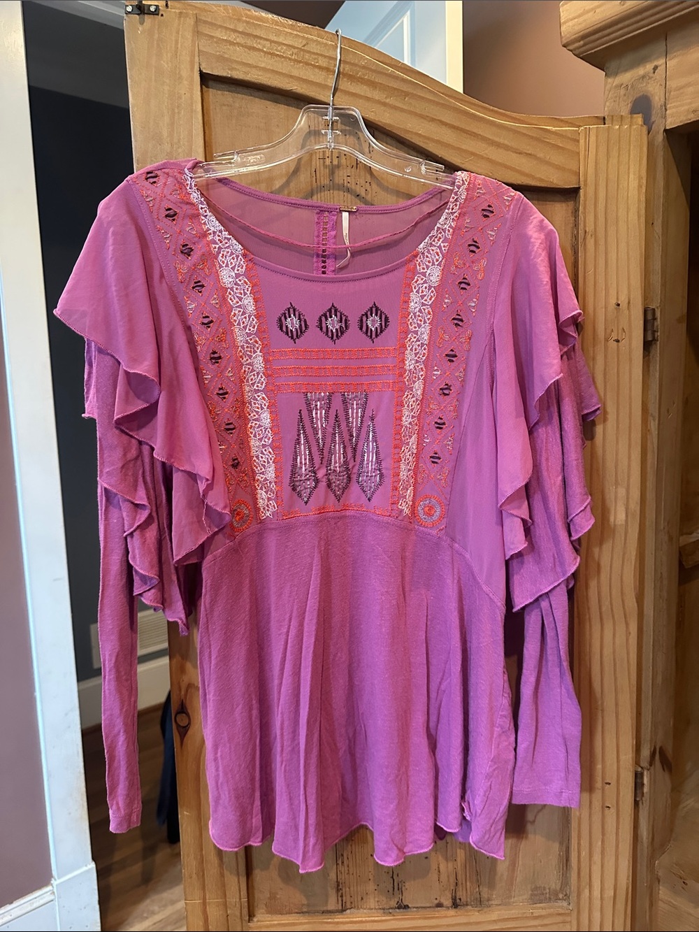 Free People Lavender Embroidered Ruffle-Sleeve Blouse